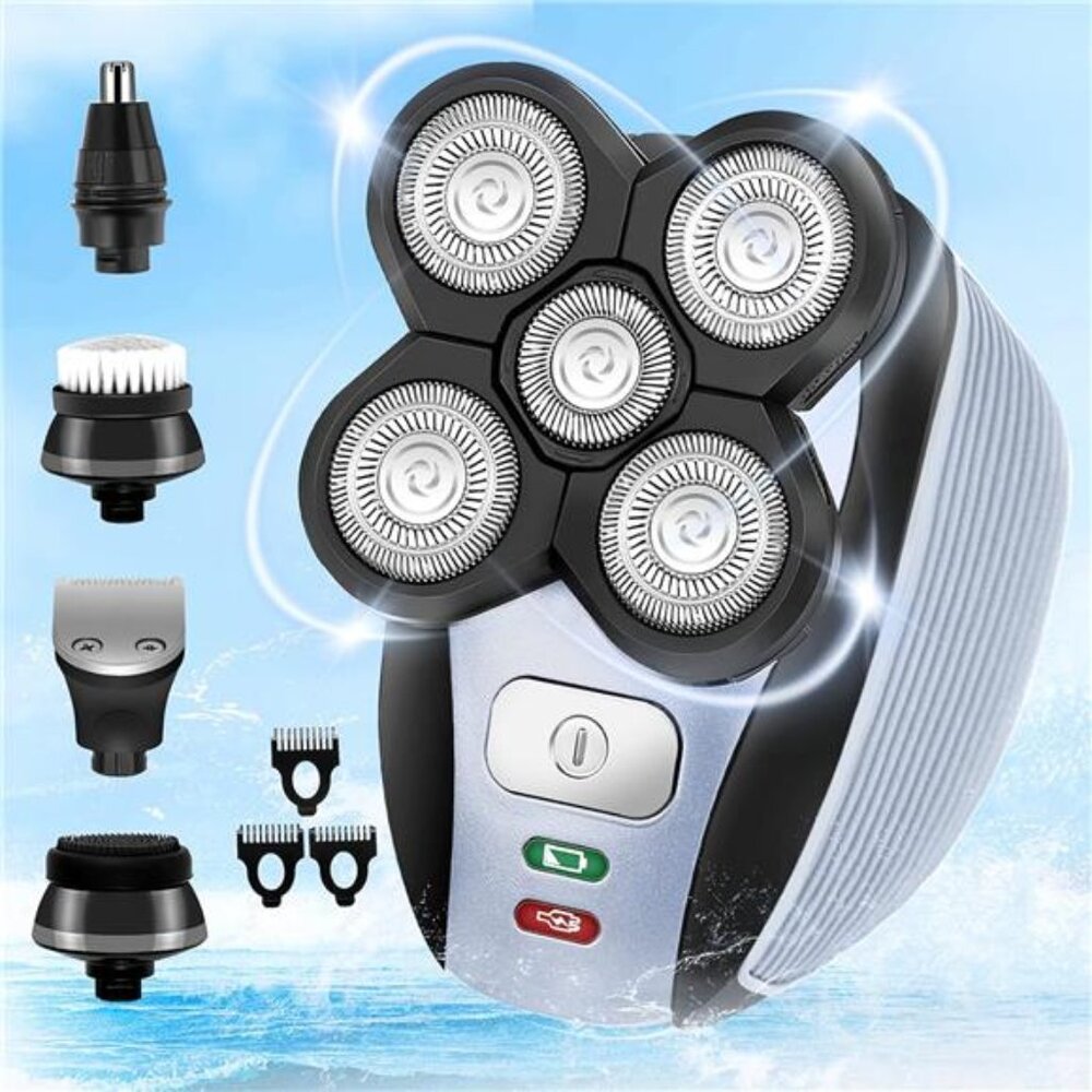 🔵 Waterproof 5-in-1 Electric Head Shaver – Bald Head, Beard & Body Grooming Kit